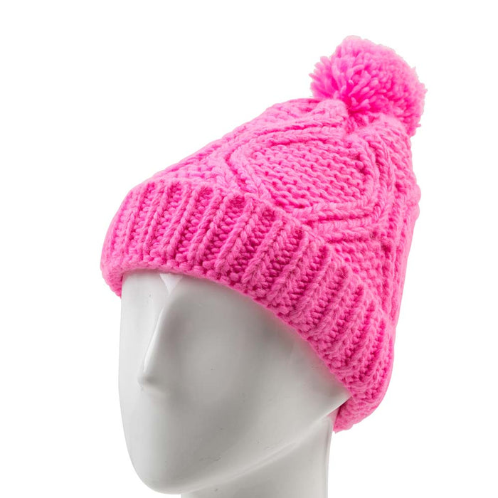 Women Bright Fuchsia Fold-Over Beanie with Pom Pom One Size