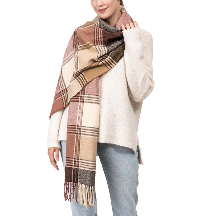 Women Oversized Pink, Cream and Gray Plaid Scarf with Tassels