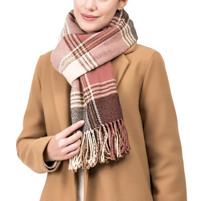 Women Oversized Pink, Cream and Gray Plaid Scarf with Tassels