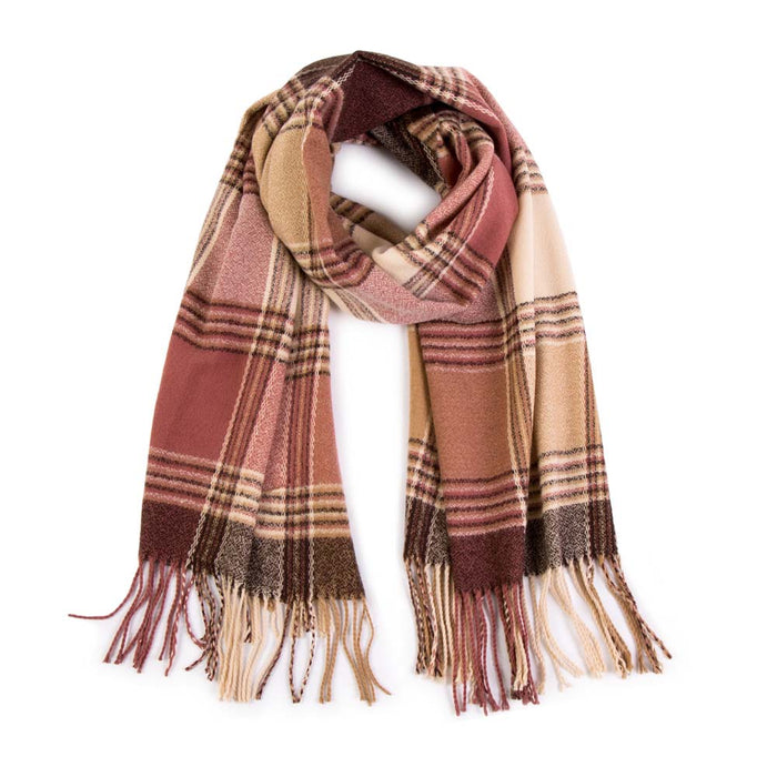 Women Oversized Pink, Cream and Gray Plaid Scarf with Tassels