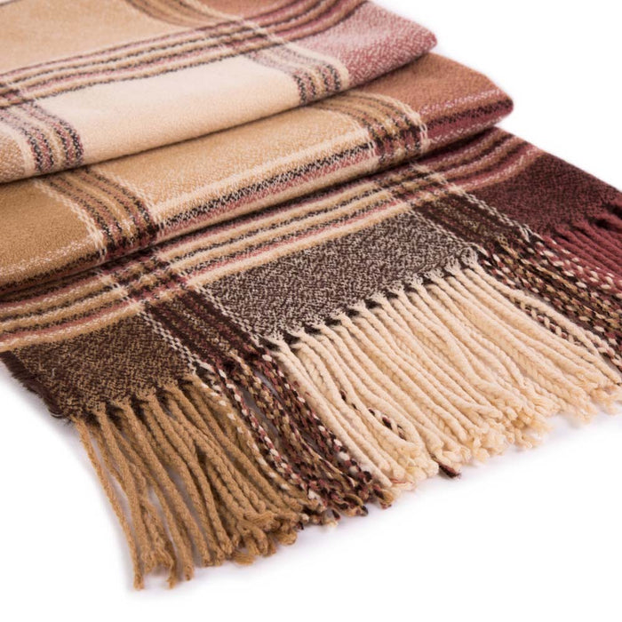 Women Oversized Pink, Cream and Gray Plaid Scarf with Tassels