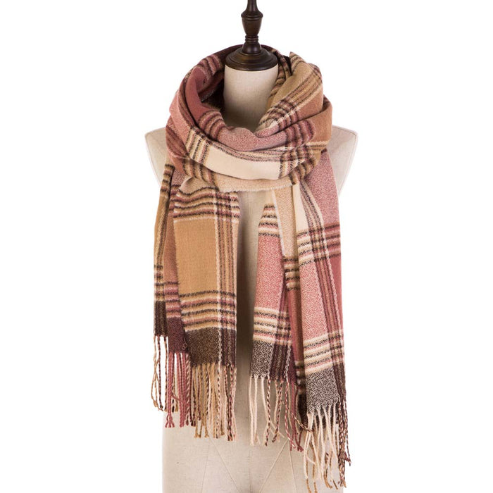 Women Oversized Pink, Cream and Gray Plaid Scarf with Tassels