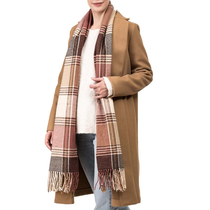 Women Oversized Pink, Cream and Gray Plaid Scarf with Tassels