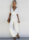 Women s Fashion V Neck Short Sleeve Solid Wide Leg Jumpsuit