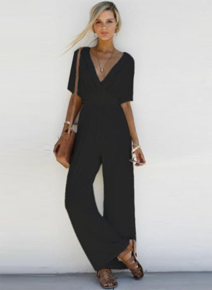 Women s Fashion V Neck Short Sleeve Solid Wide Leg Jumpsuit
