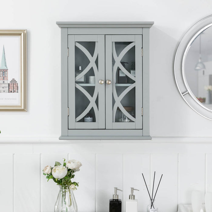Wooden Wall Mounted Storage Cabinet with Glass Double Doors, Gray