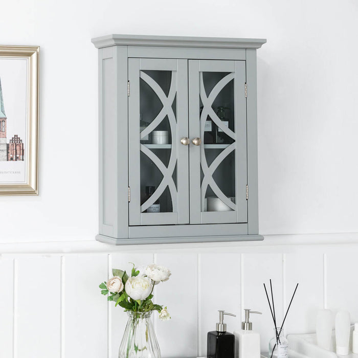 Wooden Wall Mounted Storage Cabinet with Glass Double Doors, Gray