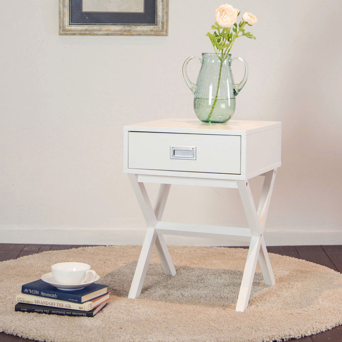 Wooden X-Shape Side Table With Drawer White
