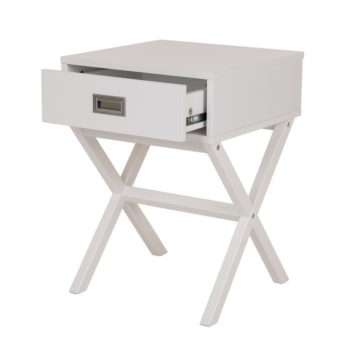 Wooden X-Shape Side Table With Drawer White