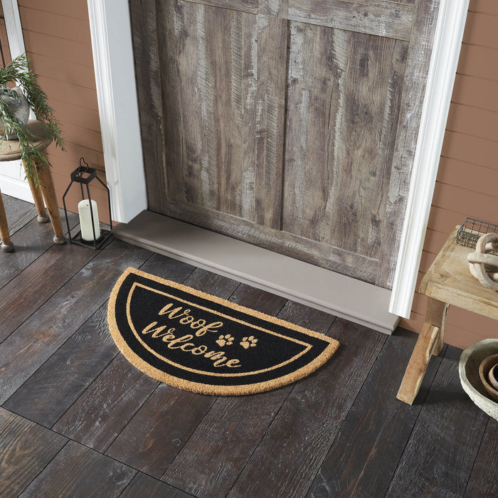 "Woof Welcome" Coir Half Circle Rug 16.5x33" - Primitive Star Quilt Shop