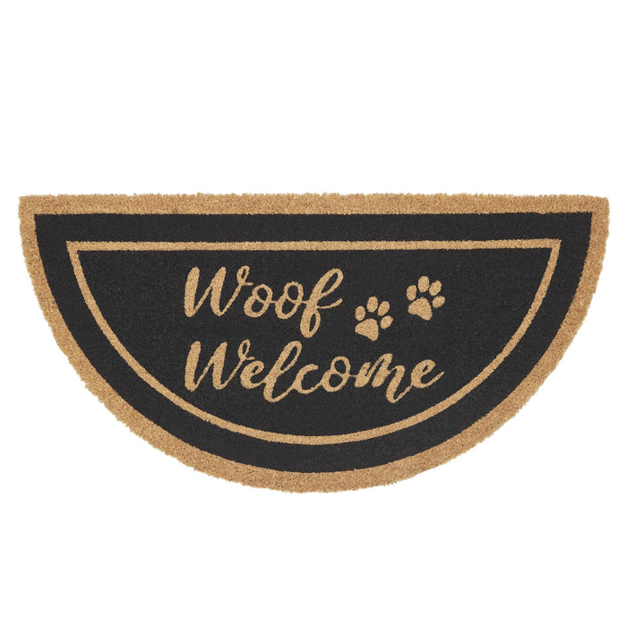 "Woof Welcome" Coir Half Circle Rug 16.5x33" - Primitive Star Quilt Shop