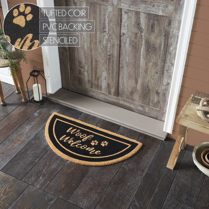 "Woof Welcome" Coir Half Circle Rug 16.5x33" - Primitive Star Quilt Shop