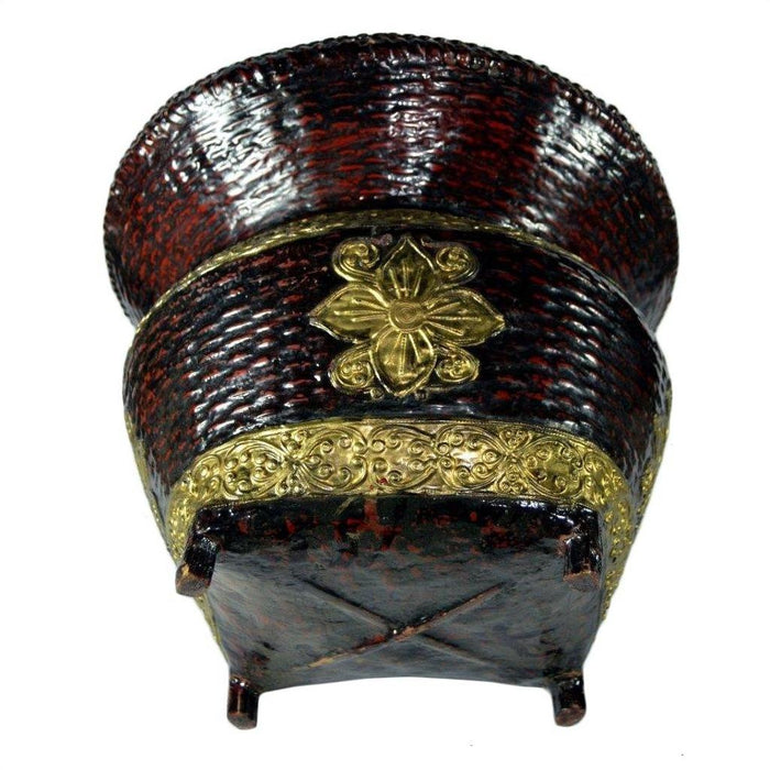 Gold and bamboo offering basket with ornate gilt floral décor, side view.