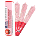 Three diamond-dusted pink pre-rolls fanned beside their pink tube packaging labeled XO Strawbae Diamond Dusted Infused PR 3 x 0.6 g