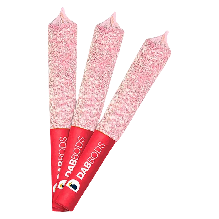 Three pink, diamond-dusted cones fanned on a white background labeled XO Strawbae Diamond Dusted Infused PR 3 x 0.6 g.