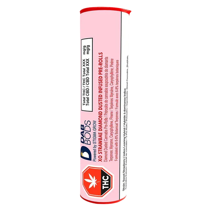 Vertical view of the pink XO Strawbae Diamond Dusted Infused PR 3 x 0.6 g tube with bold THC badge near the base.