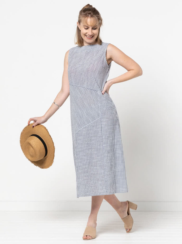 Style Arc’s Yvette Woven Dress pattern with asymmetrical panelled design and sleeve options.