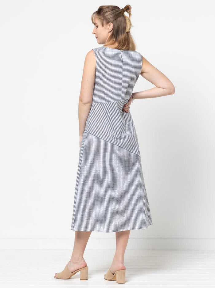 Style Arc’s Yvette Woven Dress pattern with asymmetrical panelled design and sleeve options.