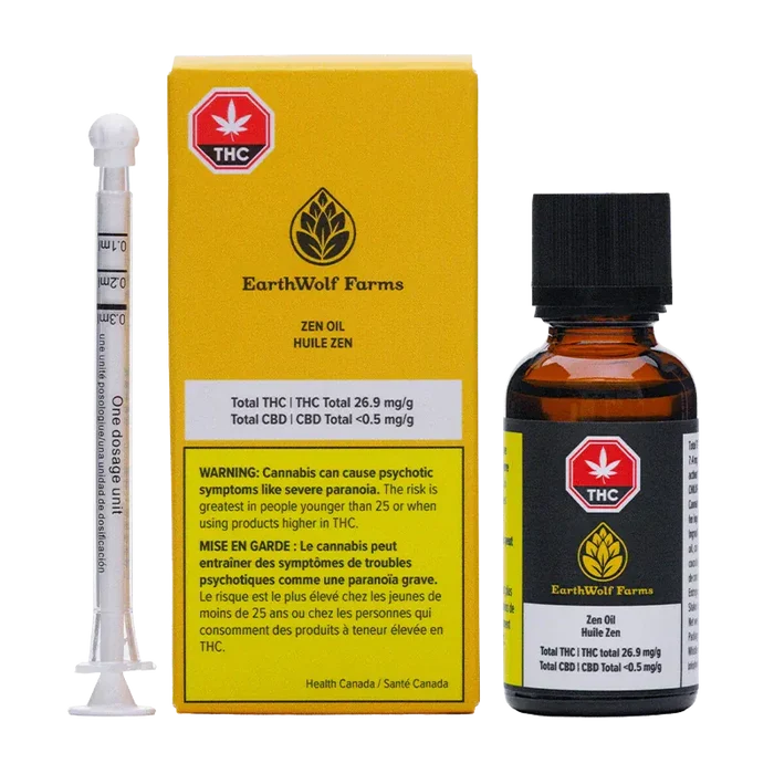 Front-facing product shot of EarthWolf Farms Zen Oil showing a yellow branded box, dosing syringe, and an amber glass bottle on white.