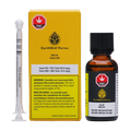 Front-facing product shot of EarthWolf Farms Zen Oil showing a yellow branded box, dosing syringe, and an amber glass bottle on white.
