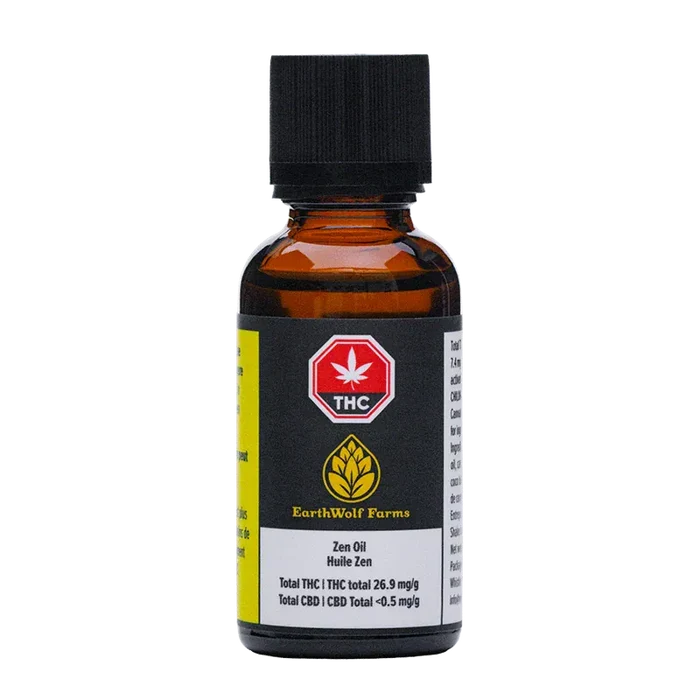 Straight-on view of the amber glass bottle labeled "Zen Oil" from EarthWolf Farms with a black cap and THC emblem on a white background