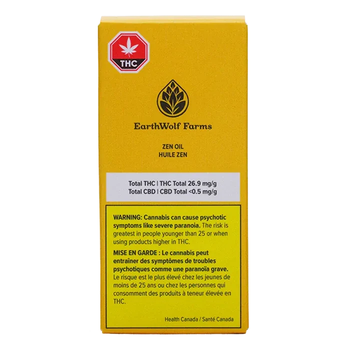 Front view of the yellow EarthWolf Farms Zen Oil box with THC symbol, logo, and a bilingual warning panel.