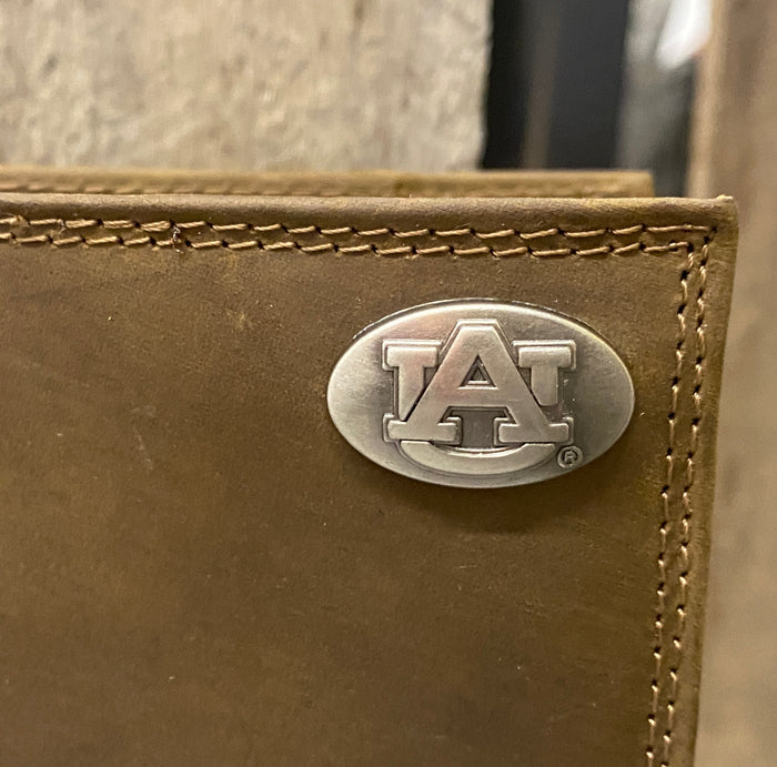 Zep-Pro Auburn University Brown “Crazy Horse” Leather Bifold Wallet. front view focusing on concho