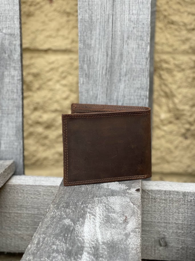 Zep-Pro University of Mississippi 1/2 Mossy Oak Camo/Brown Leather Bi-fold Wallet back view showing brown distressed leather.