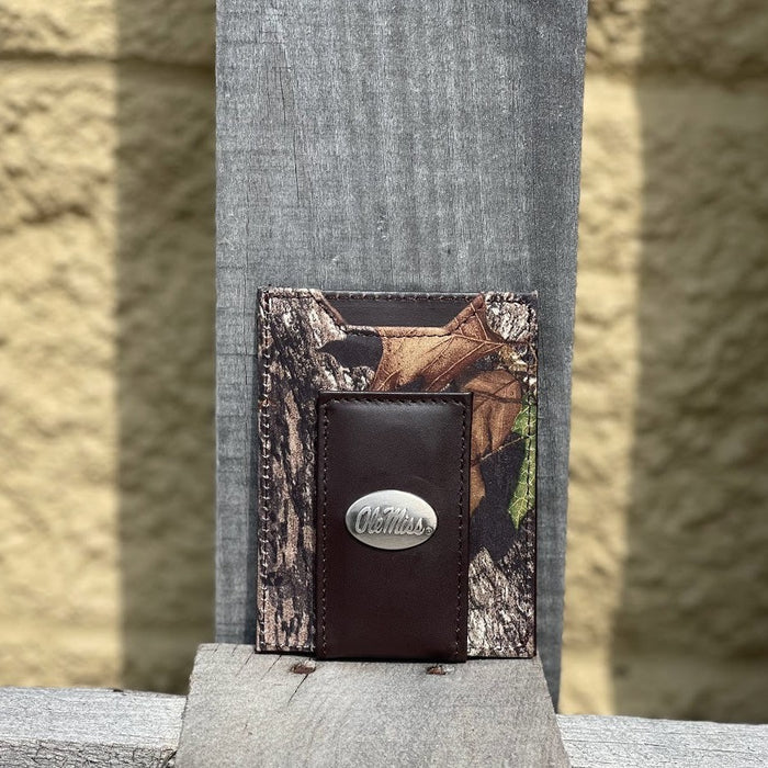 Zep Pro University of Mississippi Mossy Oak Camo Leather Front Pocket Wallet with brass Ole Miss logo concho on brown leather bill tab. Front view.